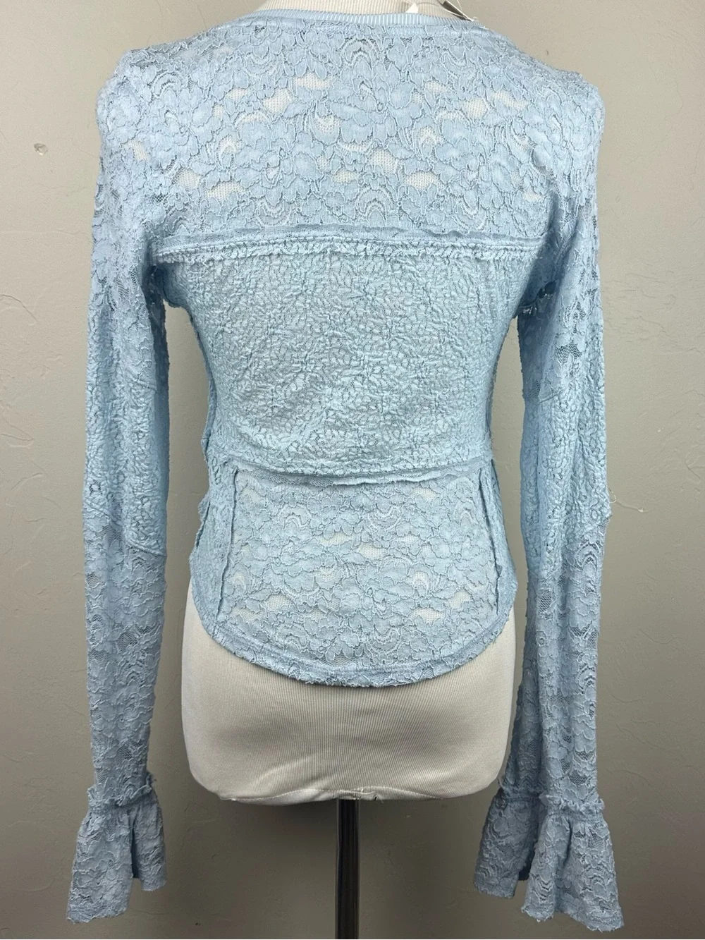 Free People Sheer Lace Flared Long Sleeve Top NWT Blue Small